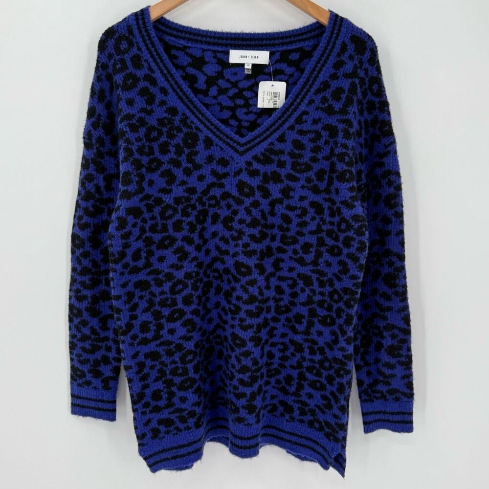 Evereve John + Jenn Berto Animal V-Neck Sweater Tunic‎ Women Small Cobalt Blue